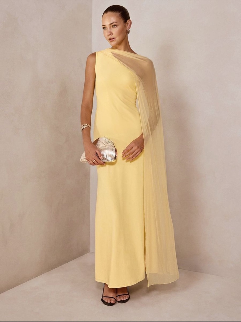 Commense Canary Yellow One-Shoulder Draped Evening Gown